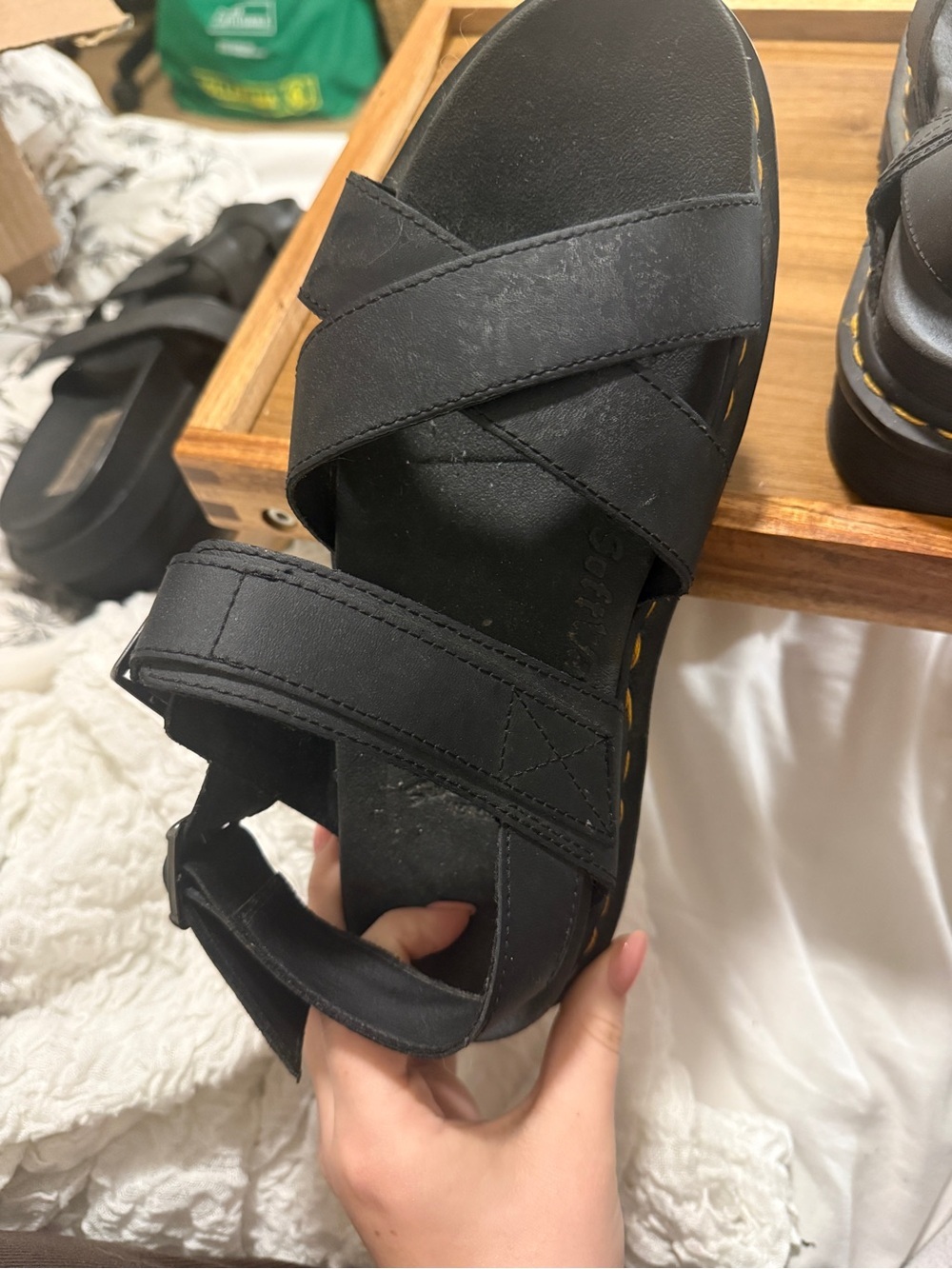 Dr. Martens Voss II Black Platform Sandals with Yellow Stitching - Air Wair - Picture 4 of 11